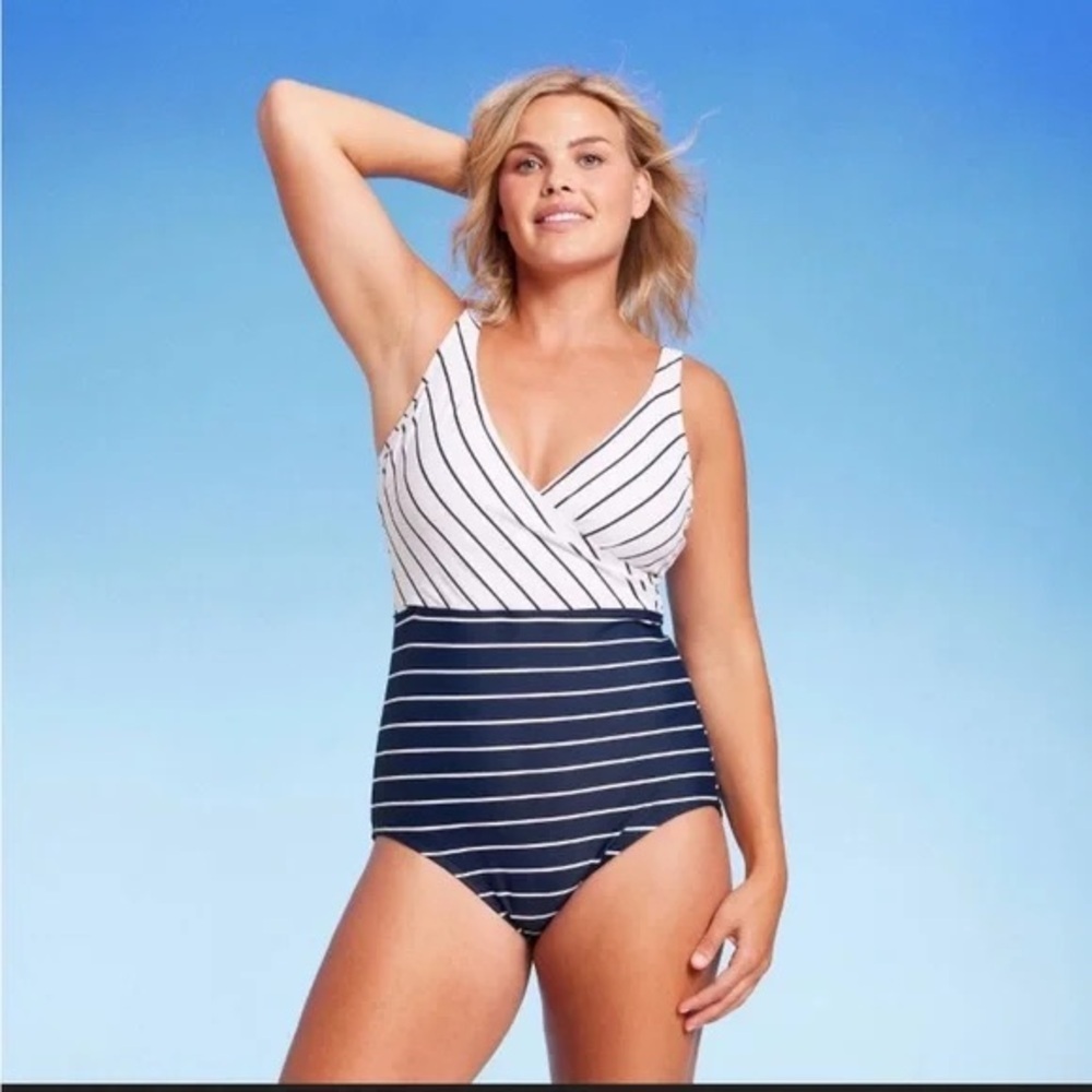 Kona Sol Navy & White Striped Colorblock One-Piece Swimsuit